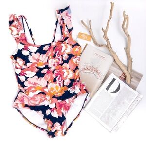 KONA SOL . Full-Coverage Floral Print Ruffle-Sleeve One-Piece Swimsuit